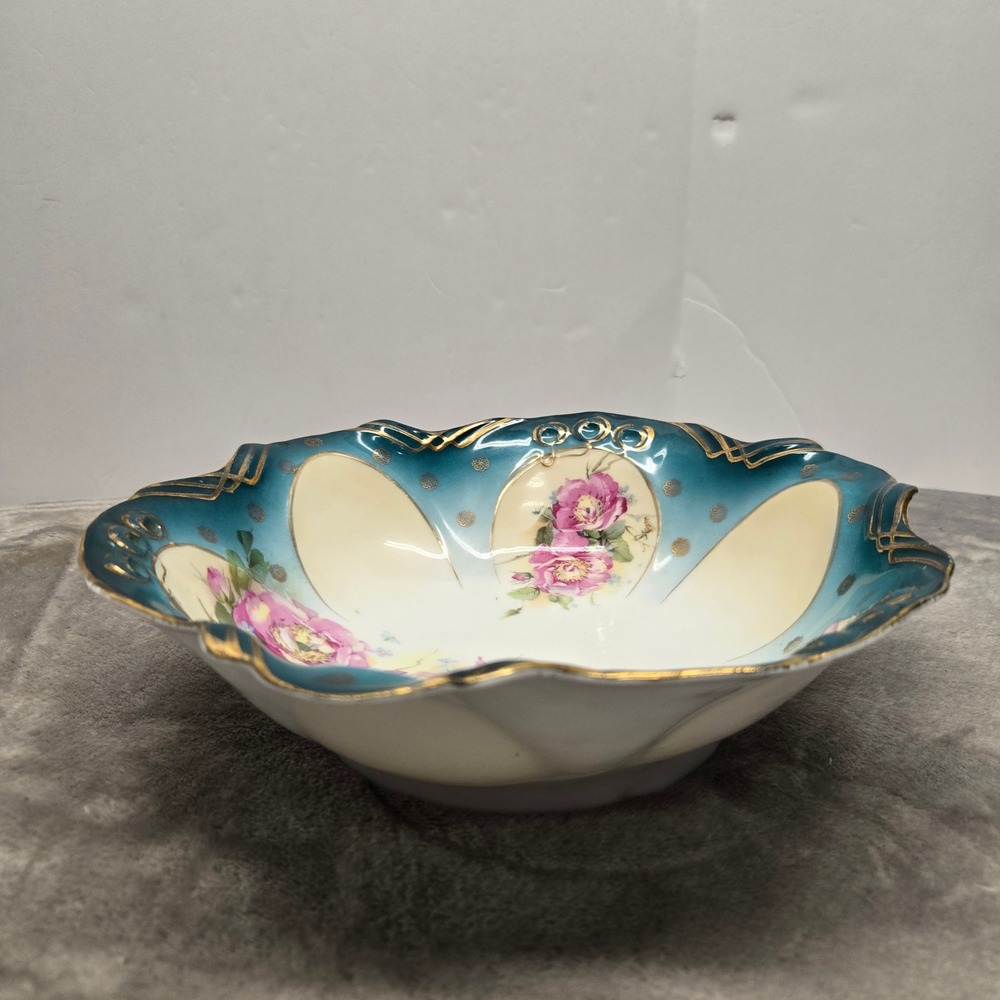Antique Milton Austria Porcelain‎ Bowl Teal Gold Gilt Pink Floral Roses 9.75in